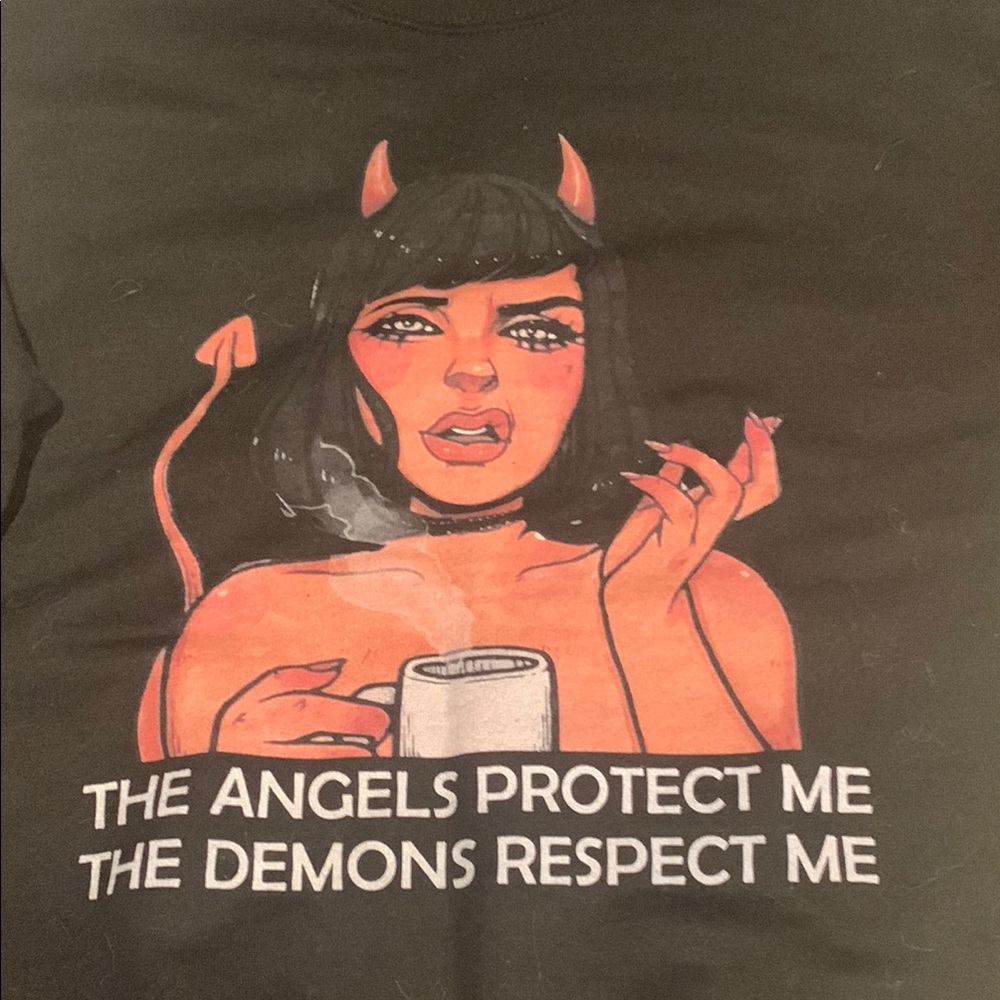 Graphic crewneck pullover with Angel and Demon Design